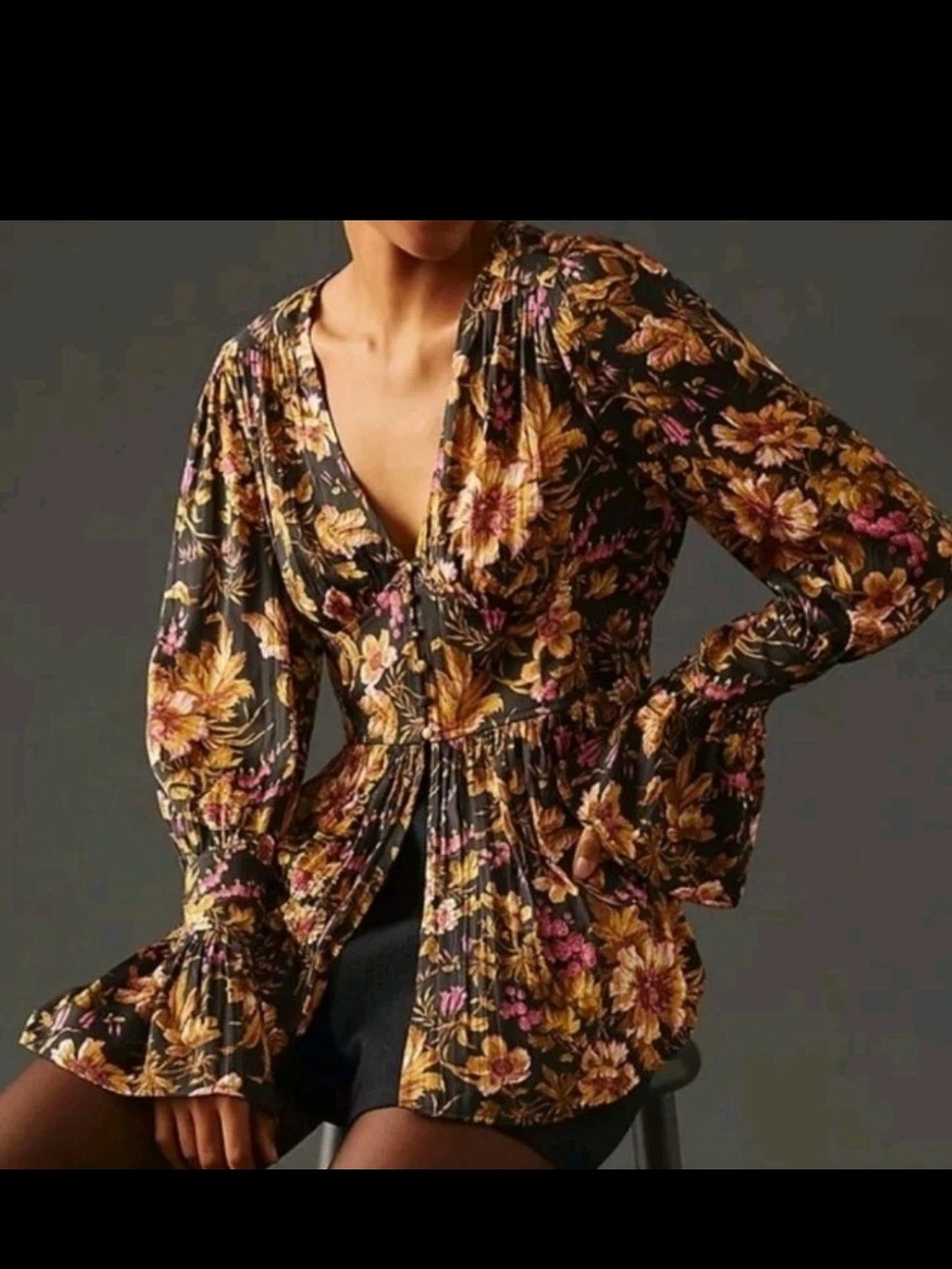 Anthropologie Deep-V Floral Tunic Blouse Sz S Boho Corset Babydoll Button Up NWT